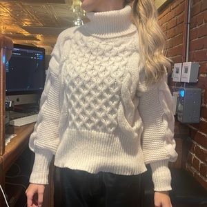 New Chic Chunky Cable Knit Turtleneck Sweater Top Off White Ivory Cream